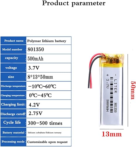 3.7V 801350 500mAh Lithium Polymer ion Battery - Image 2