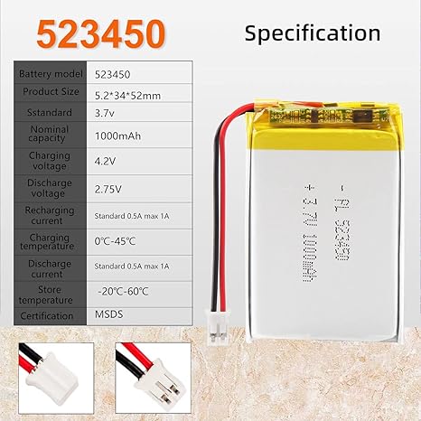 3.7V 1000mAh 523450 Lipo Battery COM53, R38 - Image 2